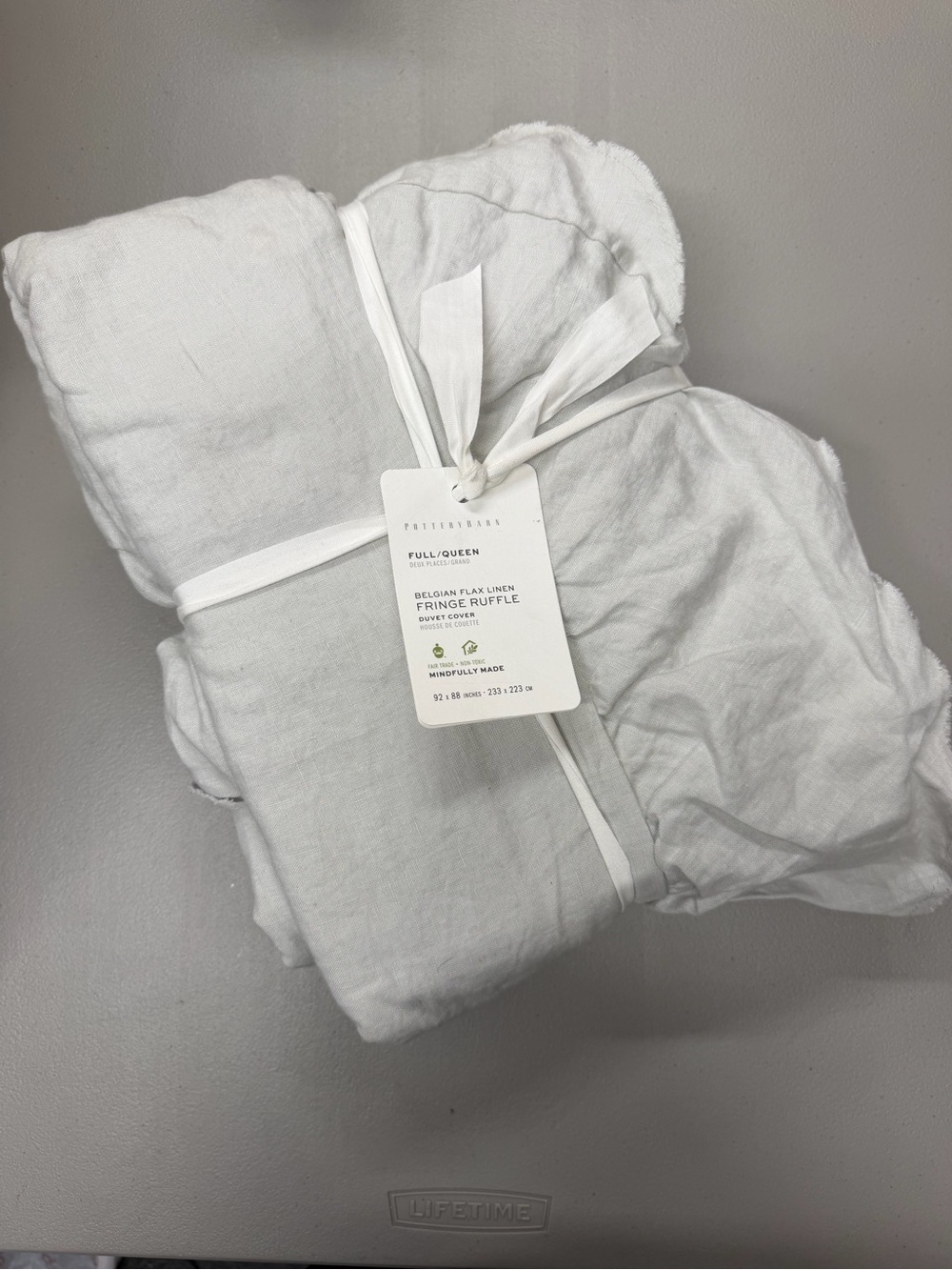 Pottery Barn Full / Queen Belgian Flax Linen Fringe Ruffle Duvet Cover Gray NWT